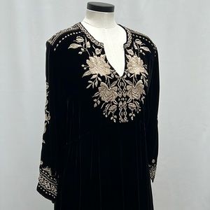 Johnny Was Black Velvet/Cream Floral Embroidered Midi Dress